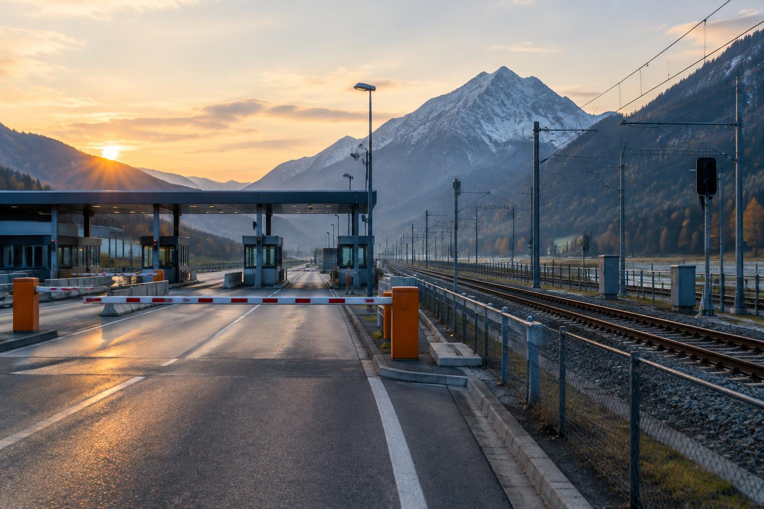 A controlled European road and railway border crossing illustrating border policy in Denmark