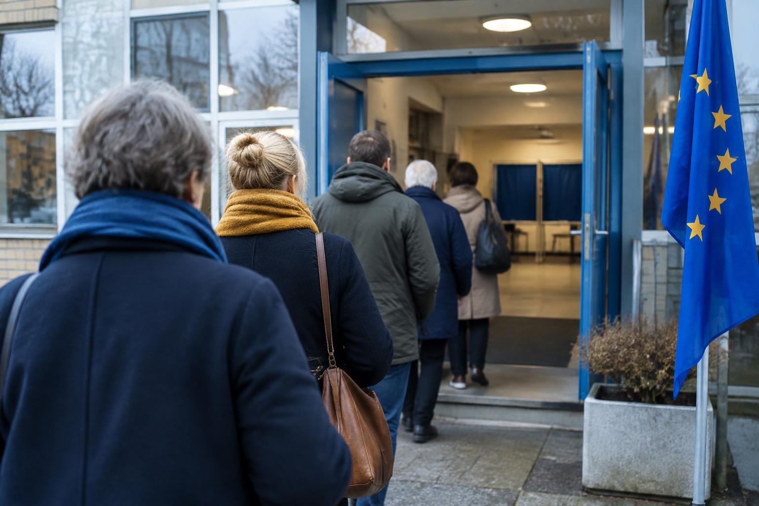 Anonymous voters entering a civic polling place, illustrating the electoral debate in Germany